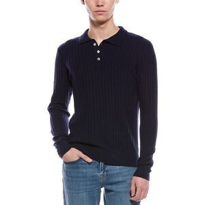 Kier + J Mens Ribbed Wool & Cashmere-Blend Polo Sweater, Blue